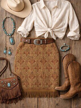 Boho Fringe Tapestry Skirt 22 24W Bohemian Brown Fringe Western Cowgirl Midi